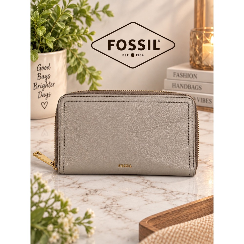 Fossil Logan Zip Around Clutch Wallet Taupe Grey Pebbled Leather Gold Hardware
